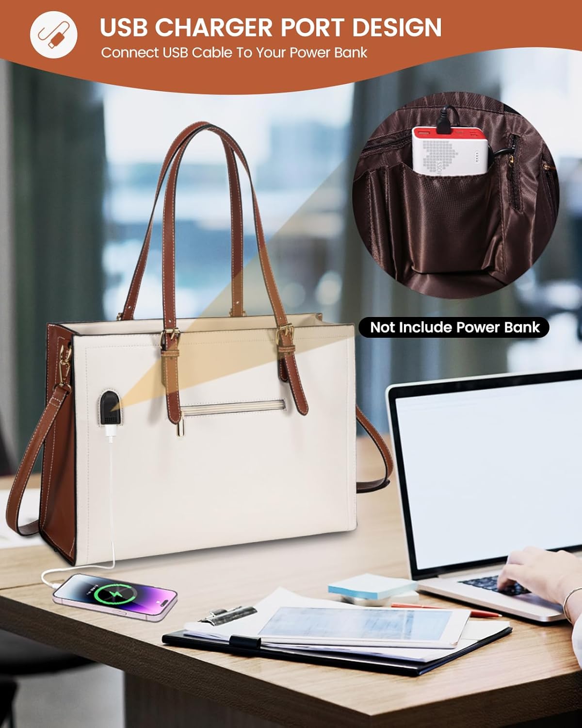 LOVEVOOK 15.6 Inch Laptop Bag for women, Large Waterproof PU Leather Work Briefcase with USB