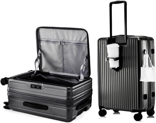 HotWay 20 Inch Expandable Carry On Luggage with Cup Holder, Hardside TSA Approved Luggage with Spinner Wheels, Top Opening Suitcase For Travel, Black