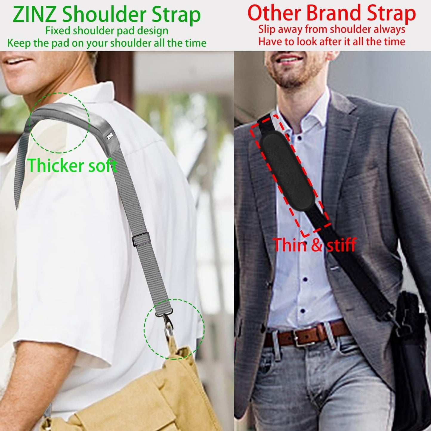 ZINZ Shoulder Strap 58" Ultra-Thick Fixed Padded and Adjustable Buckles Crossbody Strap for Briefcase Laptop Bag Luggage