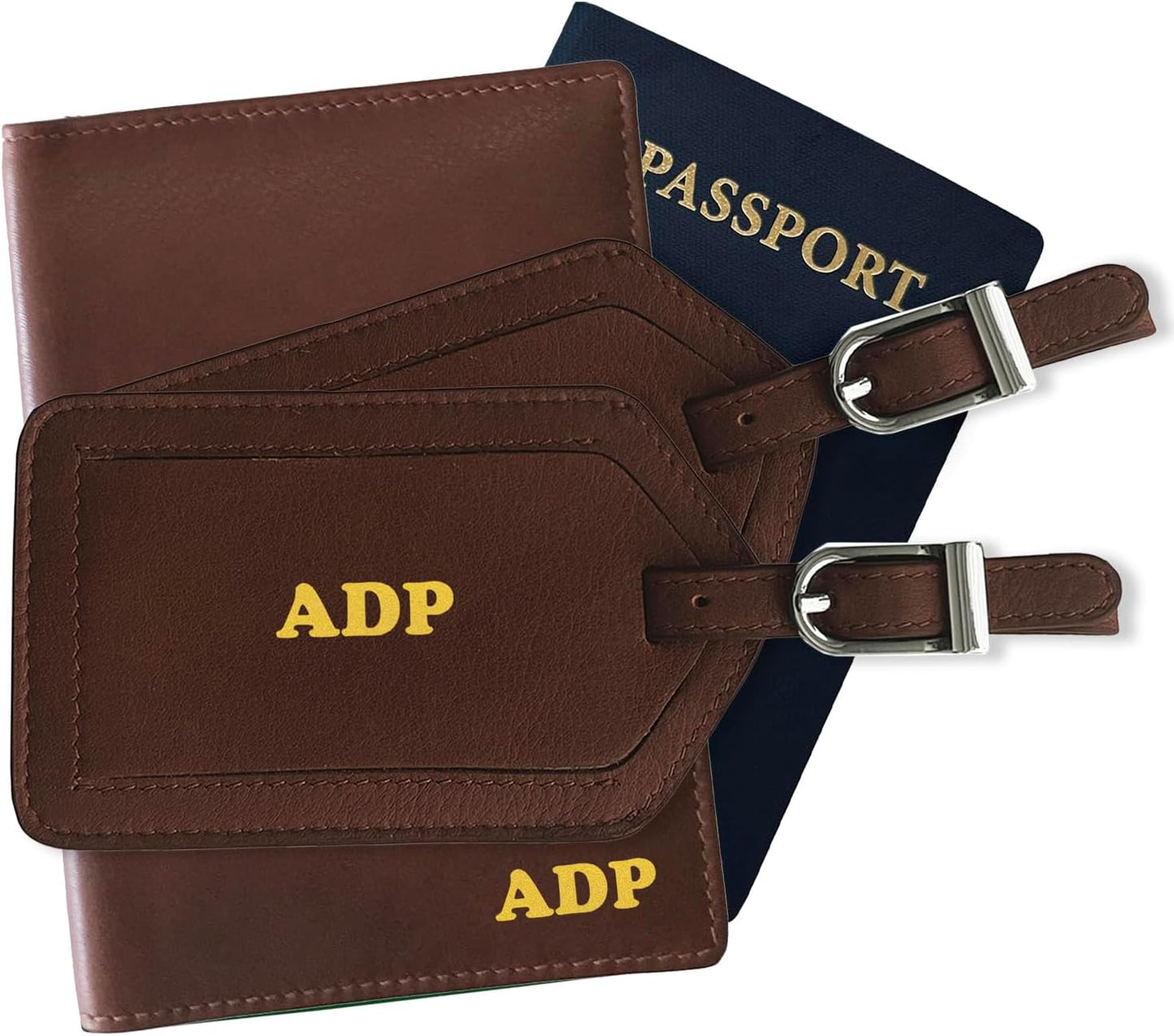 Personalized Monogrammed Toffee Leather RFID Passport Wallet and 2 Luggage Tags