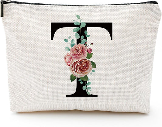 Initial A-Z Personalized Letter Makeup Bag, Monogrammed Bridesmaid Gifts Presents Cosmetic Bag, Portable Stationary Storage Organizer Pouch, Friendship Love Travel Makeup Bags