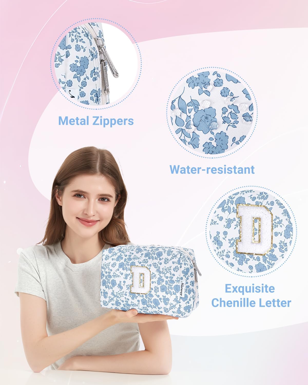 Narwey Birthday Gifts for Teen Girls Kids Women Personalized Initial Floral Makeup Bag Cute