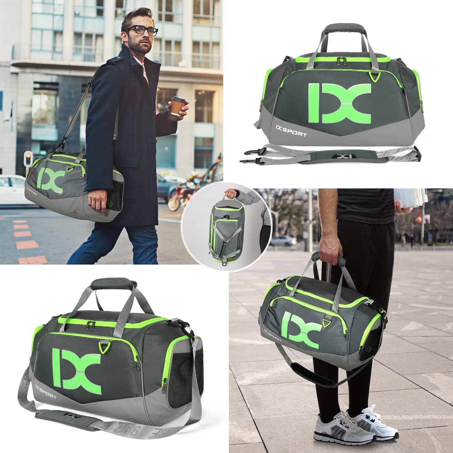 Sports Gym Bag，INOXTO Travel Duffel Bag with Dry Wet Pocket And Shoe CompartmentFor Women and Men，40L/55L Fitness Waterproof Weekender Bag For Swim Sports Travel Working Out (Gray green, 40L)