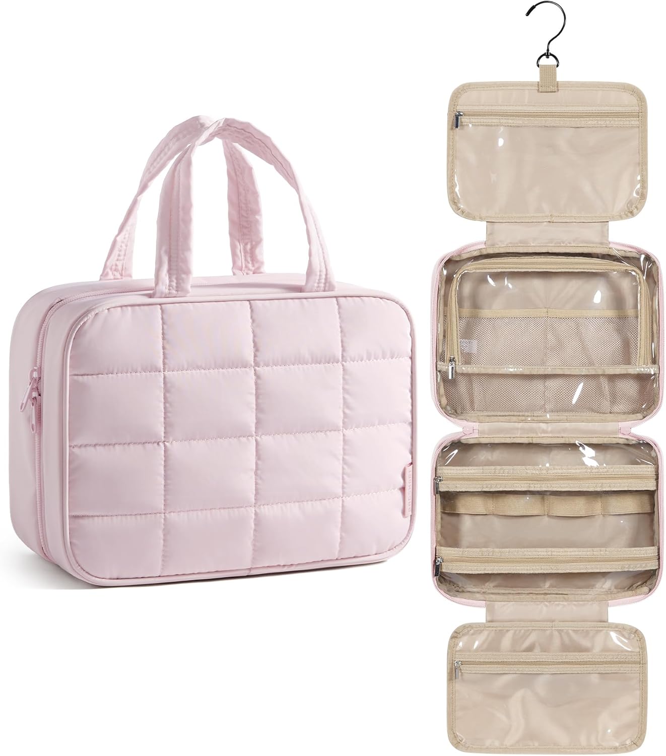 BAGSMART Travel Toiletry Bag for Women, Hanging Travel Bag for Toiletries, Puffy Makeup Cosmetic Bag Organizer, Carry-on Travel Accessories Essentials, Pink