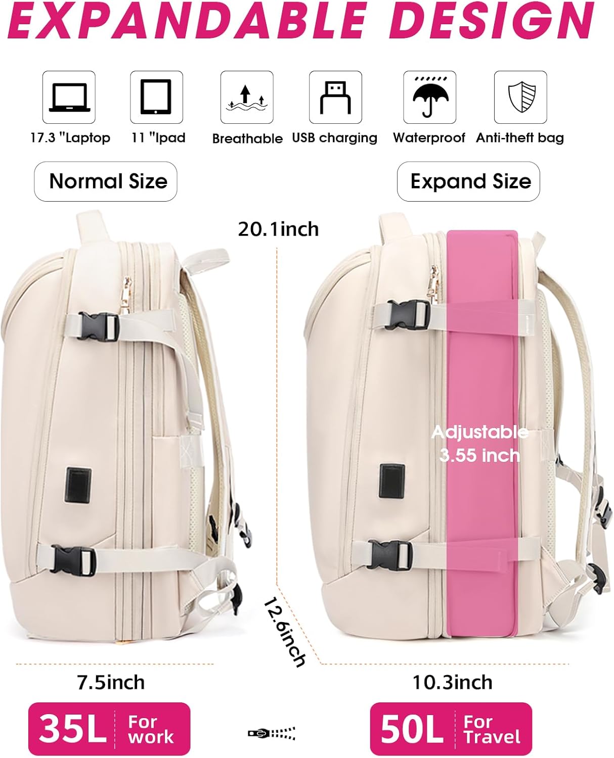 Travel Backpack for Women, 50L Extra Large Capacity Backpack with USB Charging Port, Expandable 17.3 inch Laptop Backpack Mochila Flight Approved, Casual Daypack for Weekender,Beige