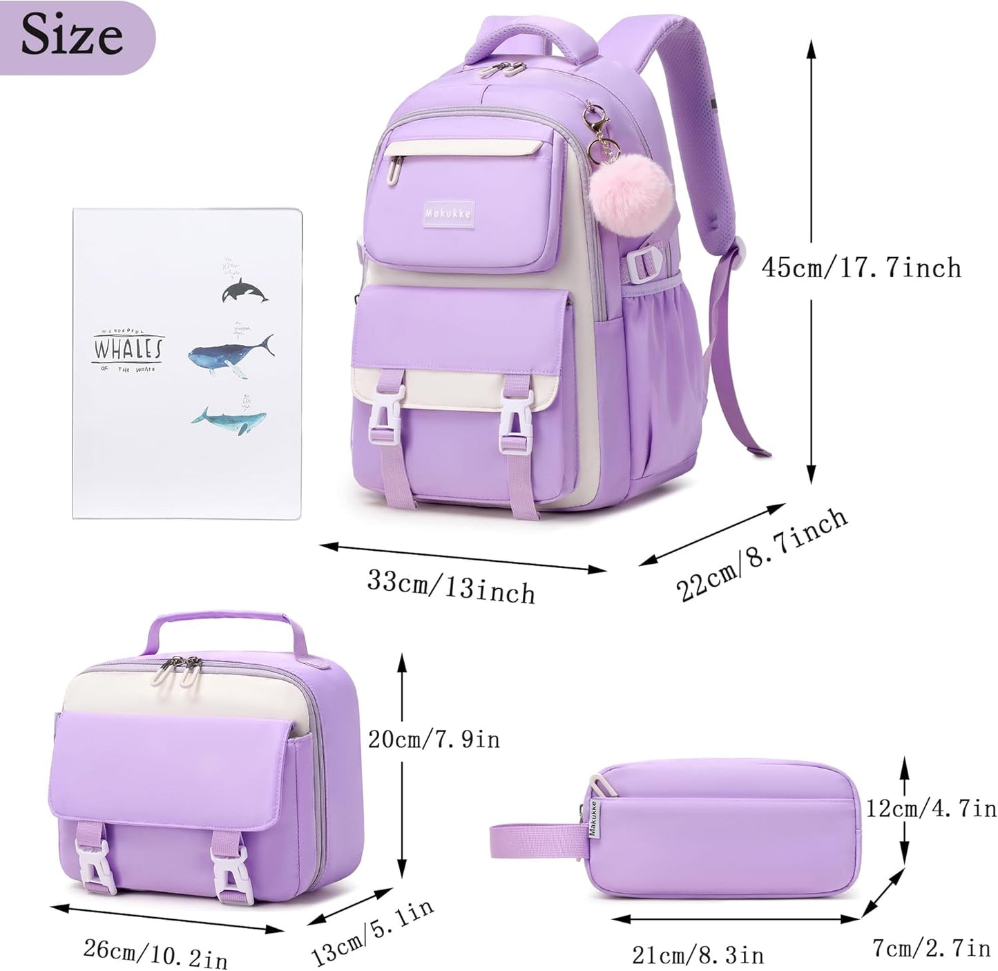 Makukke School Backpack for Girls Book Bag Set, School Bag for Teens Girls Kid Children Elementary