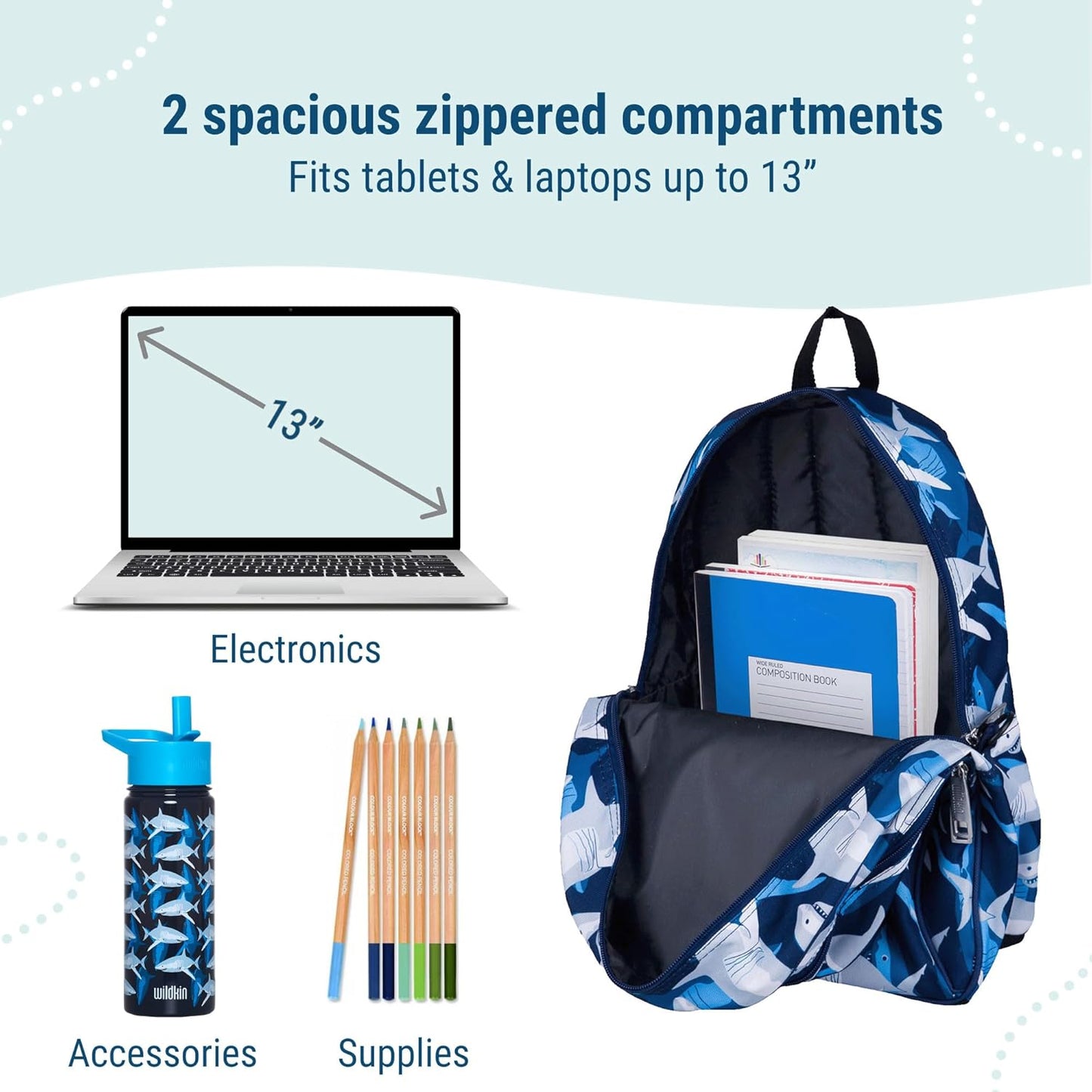 Wildkin 15-inch Kids Backpack – Durable, Padded, Adjustable for School & Travel - Sharks