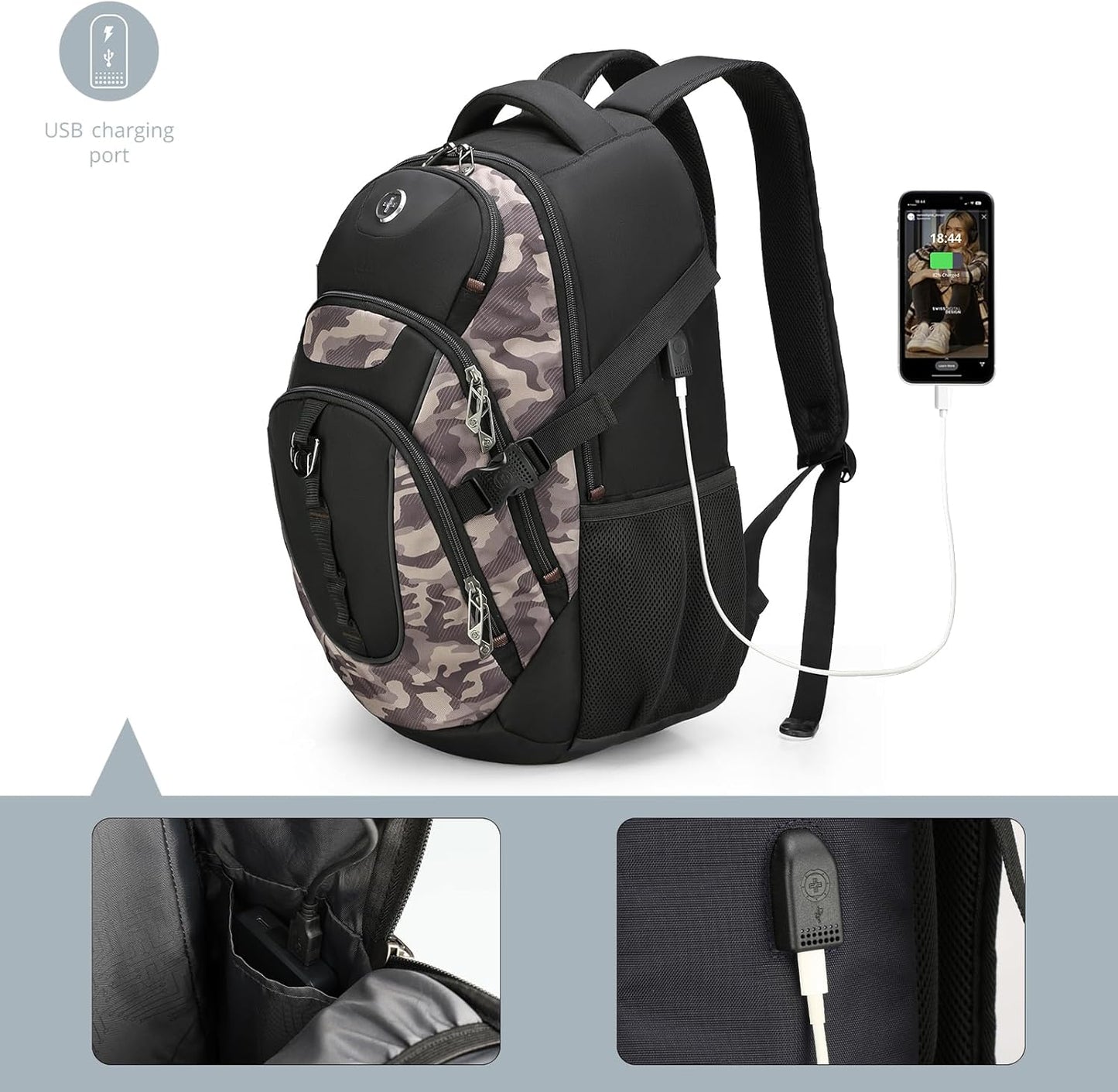 Swissdigital Design Laptop Backpack with USB Charging Port, Travel Backpack Fits 15.6 inches Computer, 31L College School Backpack for Men, Khaki Camo | SD803