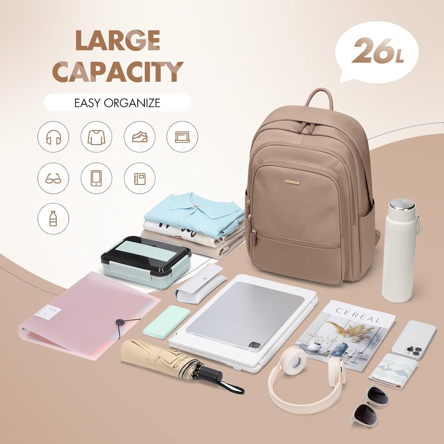 GOLF SUPAGS Backpack for Women Work College Travel Laptop Backpacks Multi-Functional Casual Daypack Teacher Nurse Everyday Bags Fits 15.6 Inch Notebook (Champagne)