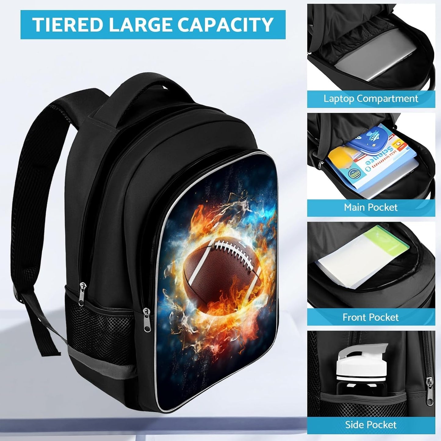 School Backpack for Boys - American Football Boys Backpack for Kids Children Teens Elementary Middle School - Students Bag for Ages 6-18,17″Bookbag Multifunctional Large Capacity