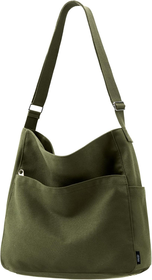 KALIDI Canvas Tote Bag Large Hobo Crossbody Shoulder Handbag Zipper Messenger Bag for Women or Men Casual College Work