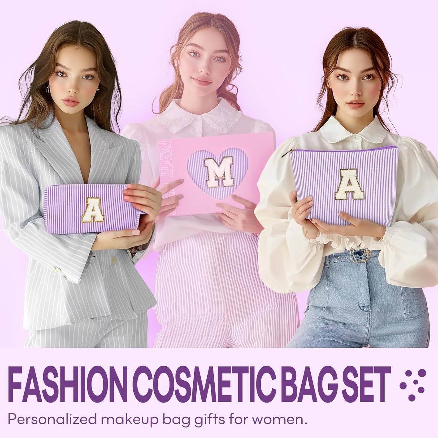2 PCS Initial Makeup Bags for Women: Cosmetic Bag for Travel Toiletry - Birthday Gifts for 11 12 13