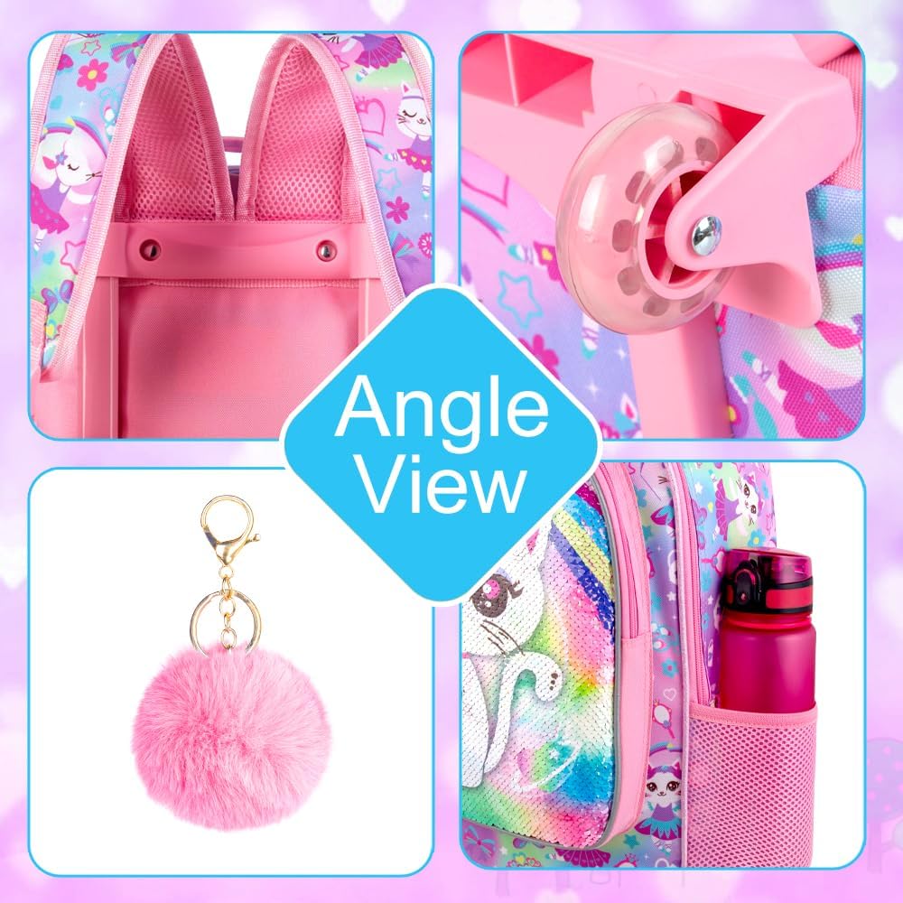 3PCS Rolling Backpack for Girls and Boys， Kids Unicorn Dinosaur Wheeled Bookbag