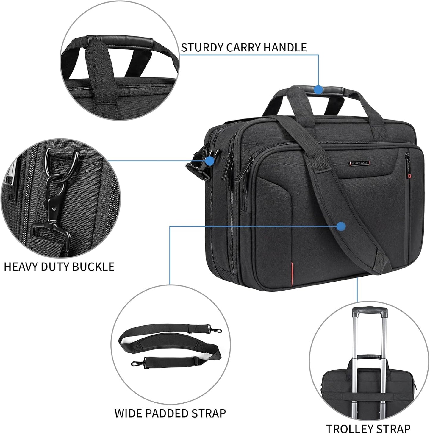 EMPSIGN Stylish Laptop Bag Briefcase, 17.3 Inch Laptop Case Expandable Messenger Bag for Men Water Repellent, RFID Blocking Office Carrying Shoulder Bag for Work Business Travel-Black