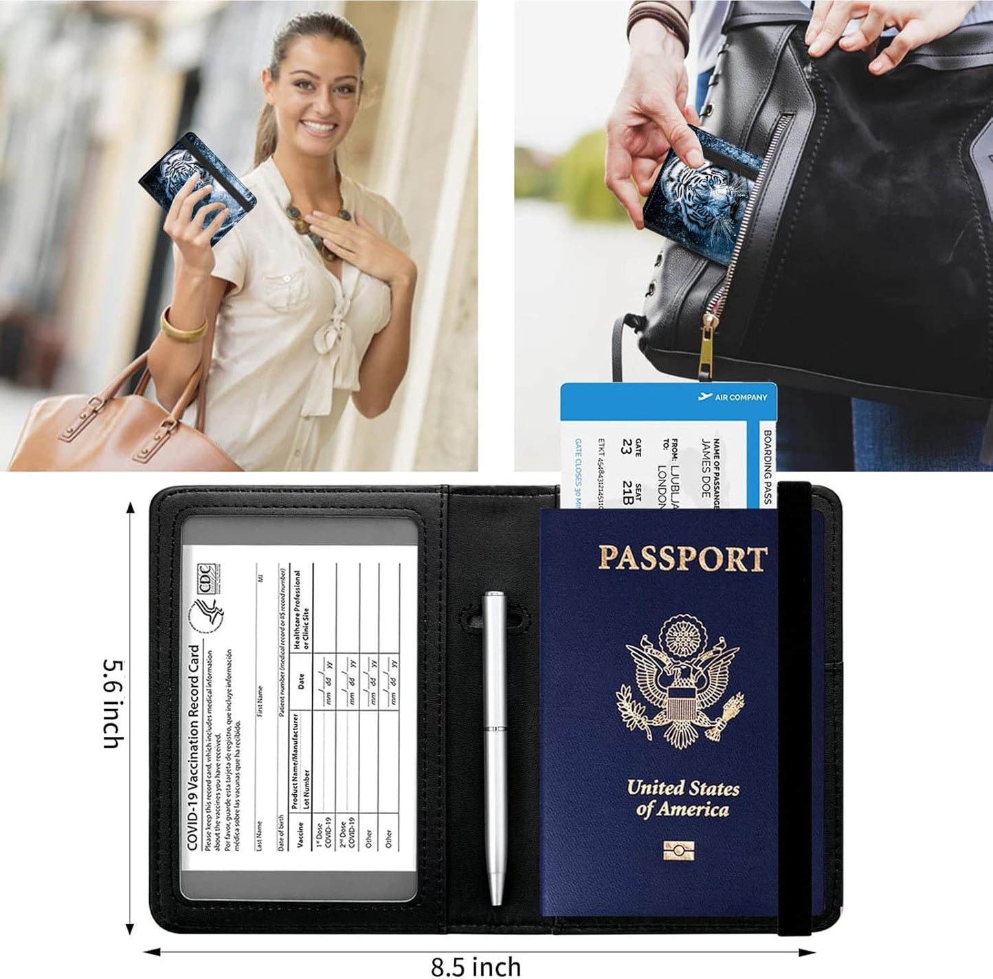 Passport and Vaccine Card Holder Cover Combo,Travel Passport Holder Wallet with RFID Blocking, Leather Vaccine Card Slot Passport Cover Case for Women & Men,White Tiger with Blue eyes