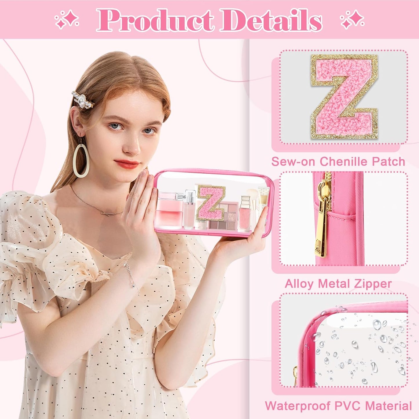 Personalized Initial Letter Clear Makeup Bag,Preppy Small Nylon&PVC Cosmetic Zipper Bag with Chenille Letter,Portable Beach Travel Skincare Toiletry Bag,Trendy Monogram Gift for Teen Girls Women,Z