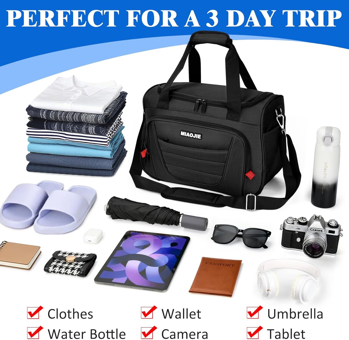 Underseat Carry On luggage Bag Airplanes Personal Item Bags Weekender Overnight Travel Tote Bag Shoulder Small Softside Carry on Luggage Travel Duffel Bags For Men Women -16 IN Black
