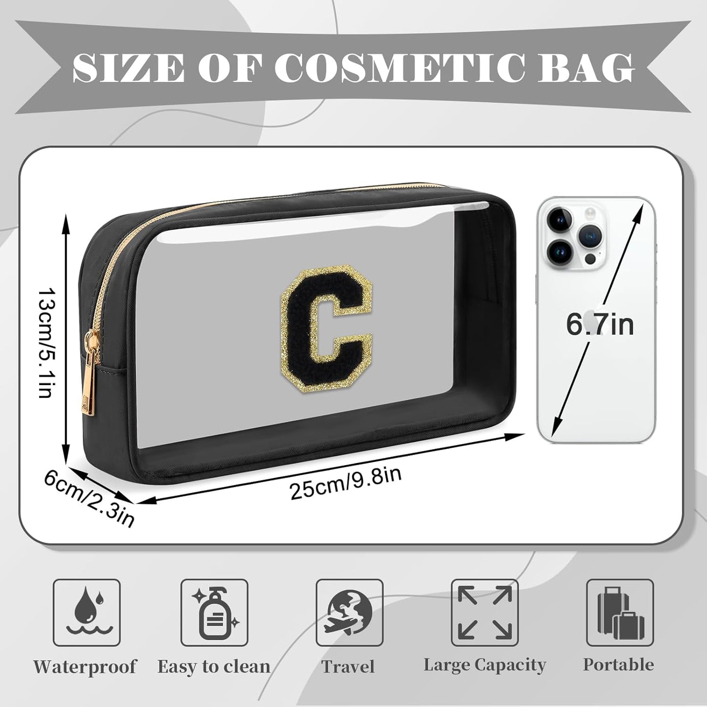 Personalized Initial Letter Clear Makeup Bag,Preppy Small Nylon&PVC Cosmetic Zipper Bag with Chenille Letter,Travel Skincare Toiletry Bag,Monogram Christmas Gift for Teen Girls Women,C