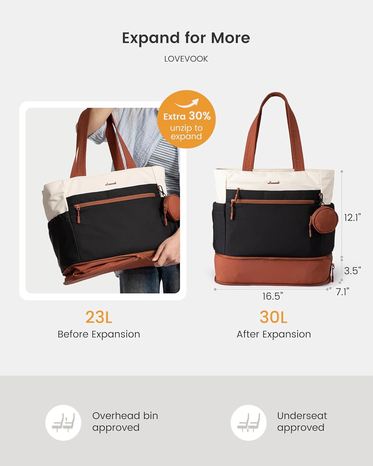 LOVEVOOK Expandable Tote Bag for Women,Laptop Work Bag with Cup Holder Pocket & Zipper for Travel,School,Teacher,Nurse,Gym