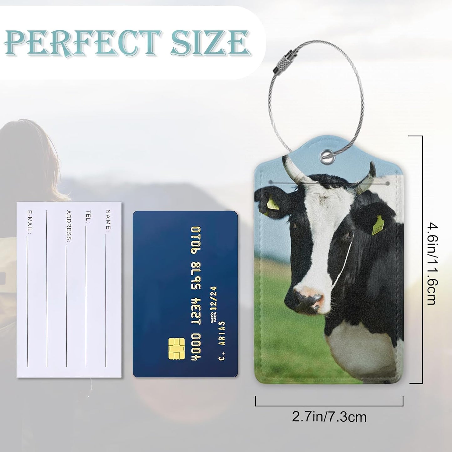 Cow Luggage Tags Set of 2 Black White Cattle Leather Suitcase Tags with Stainless Steel Loop and Privacy Cover for Women Men Travel Luggage Accessories
