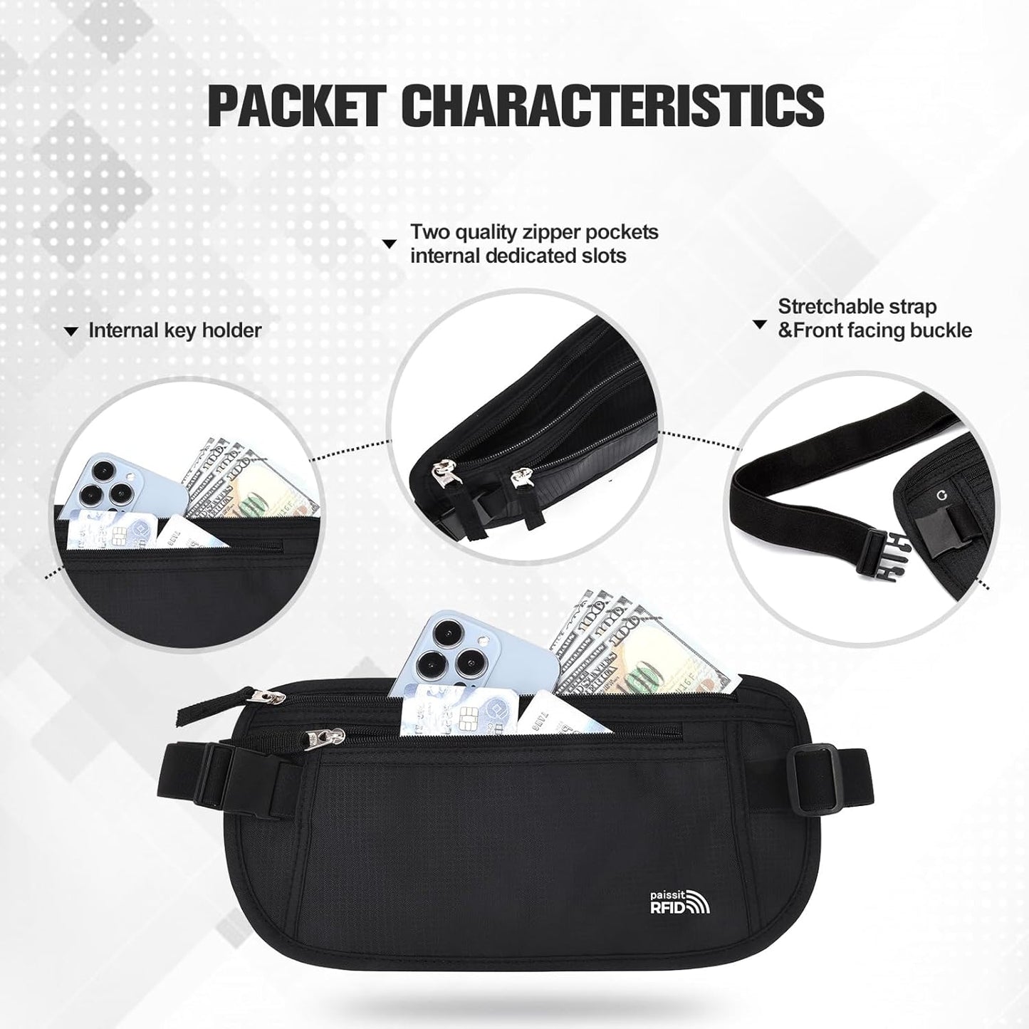 Unisex Money Belt with RFID Blocking Sleeves, Slim Passport Holder RFID Blocking Travel Essentials, Waist Pouch to Protect Cash, Black & 6 Sleeves