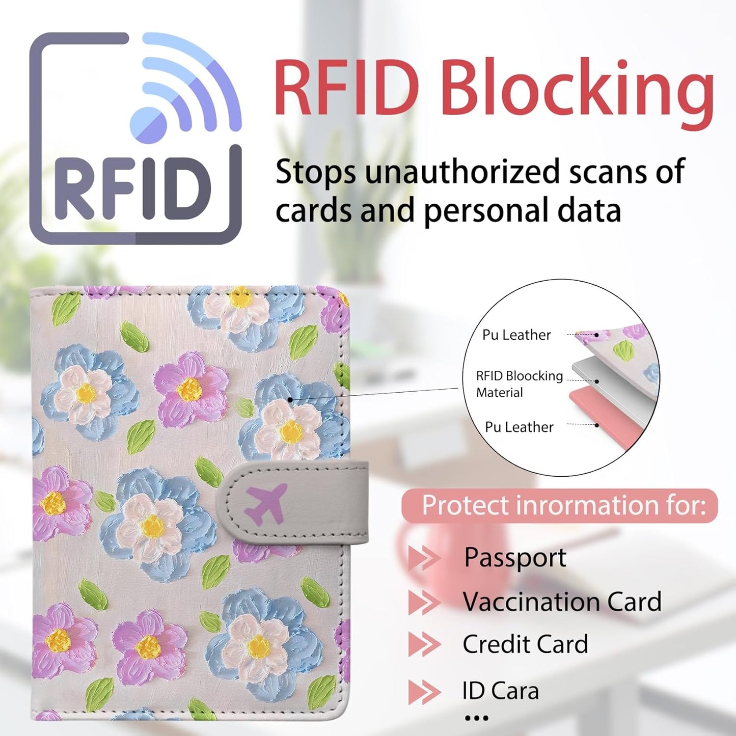 Passport Holder, Travel Wallet Cover with Pen Loop | Cute RFID Blocking Leather Case with Magnetic Closure for Travel Essentials-Flower