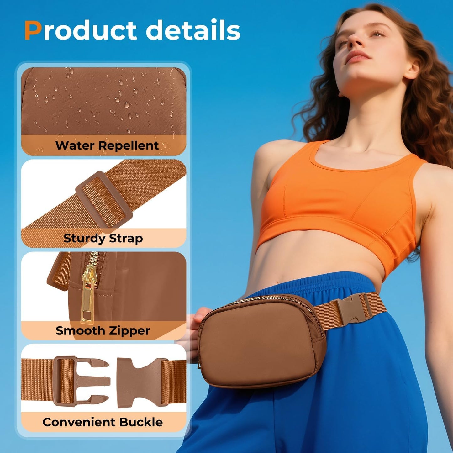 Belt Bag Zipper Fanny Pack Crossbody Bags for Women,Fashion Nylon Waist Packs, Water Repellent Two Way wear with Adjustable Strap Gifts for Teenage Girls Women Men(Brown)