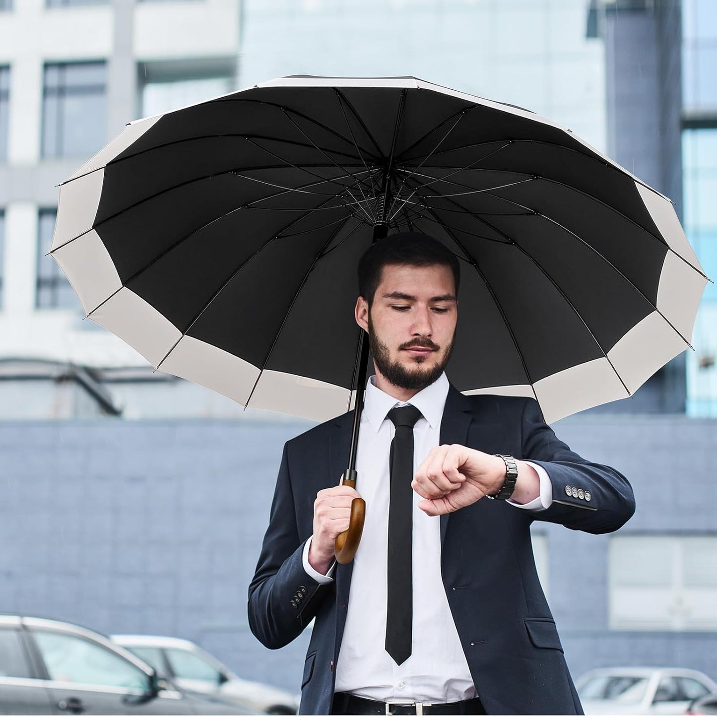 G4Free 54 Inch Large Windproof Umbrella for 2 Persons, 16 Ribs Auto Open Classic Wooden J Handle Cane Stick Golf Rain Umbrellas for Men Women Travel 120cm