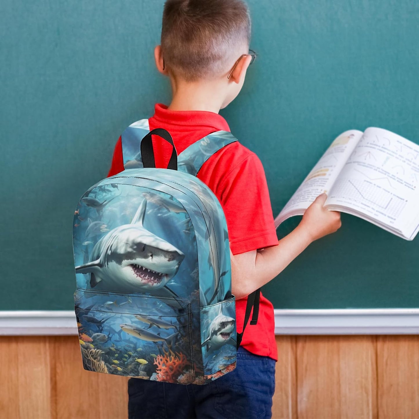 3PCS Shark Backpack Set for Boys, Large Lightweight 17 Inch Backpack with Lunch Box & Pencil Case for Kids, Back to School Bookbag for Elementary School