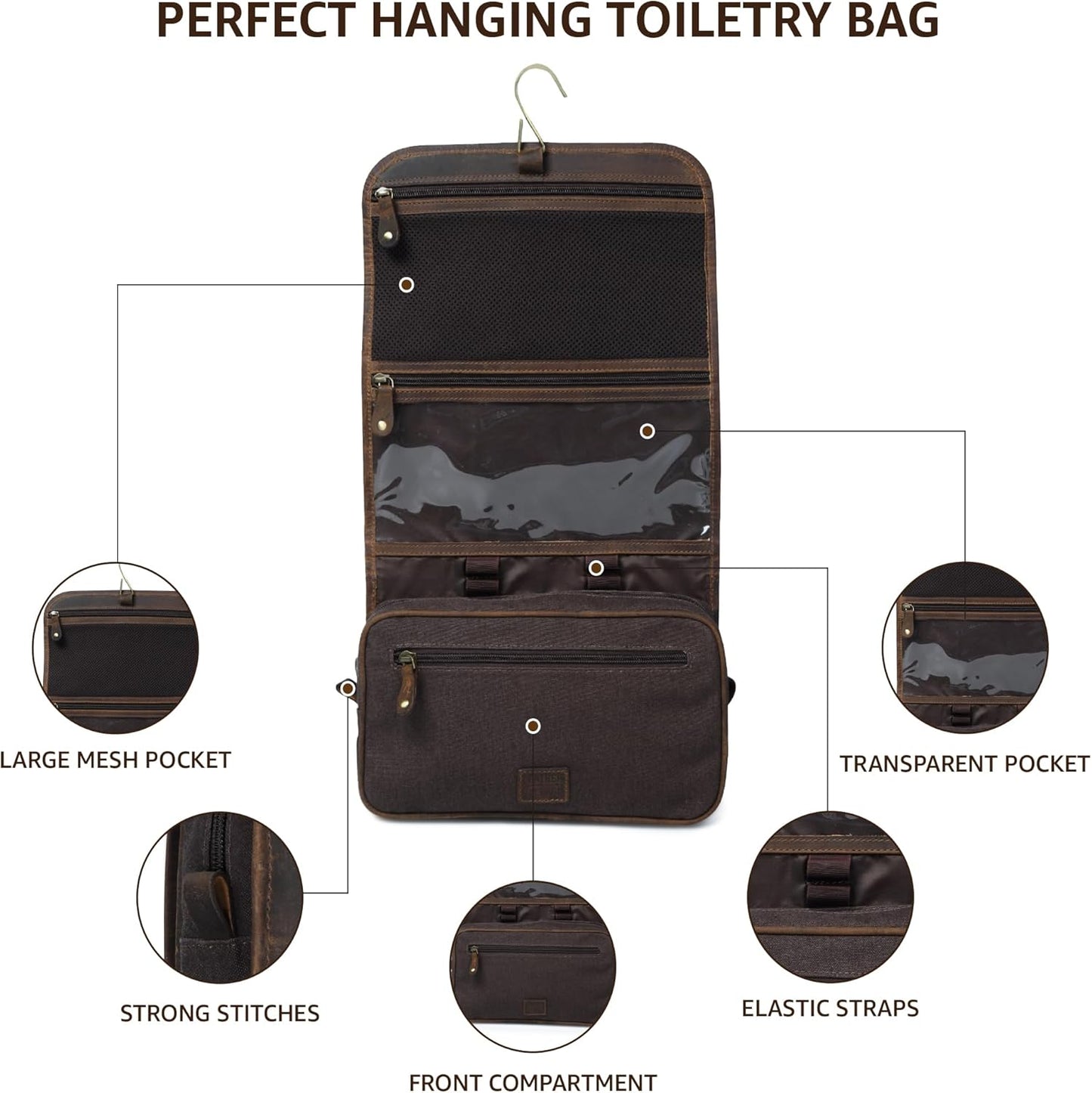 LEATHER VILLAGE Hanging Leather Toiletry Bag for Men & Women, Handcrafted Vintage Cosmetic & Shaving Organizer Travel Dopp Kit Shower Bag - Brown