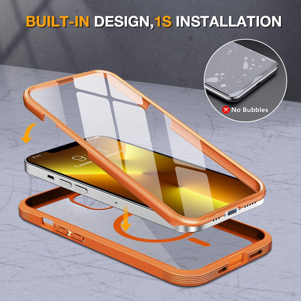 Miracase for iPhone 13 Pro Case 6.1",with MagSafe,Built in Screen Protector,Full-Body Protection(Orange)