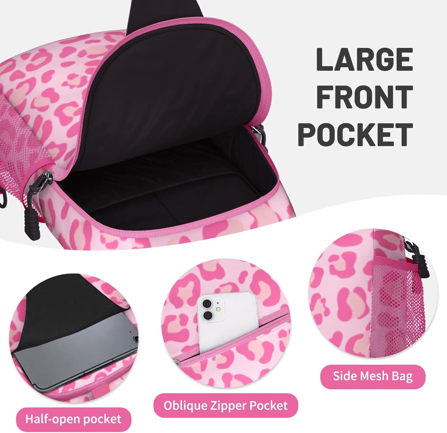 Pink Leopard Print Sling Bag Crossbody Chest Bag for Women Men, Water Resistant Lightweight Casual