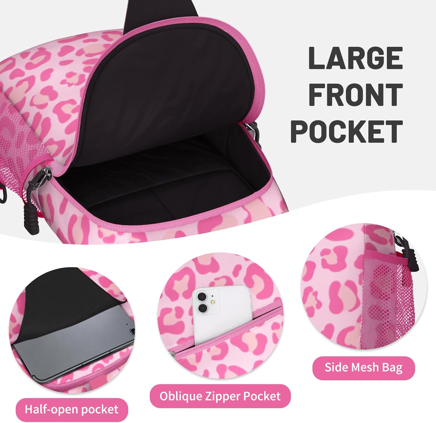 Pink Leopard Print Sling Bag Crossbody Chest Bag for Women Men, Water Resistant Lightweight Casual