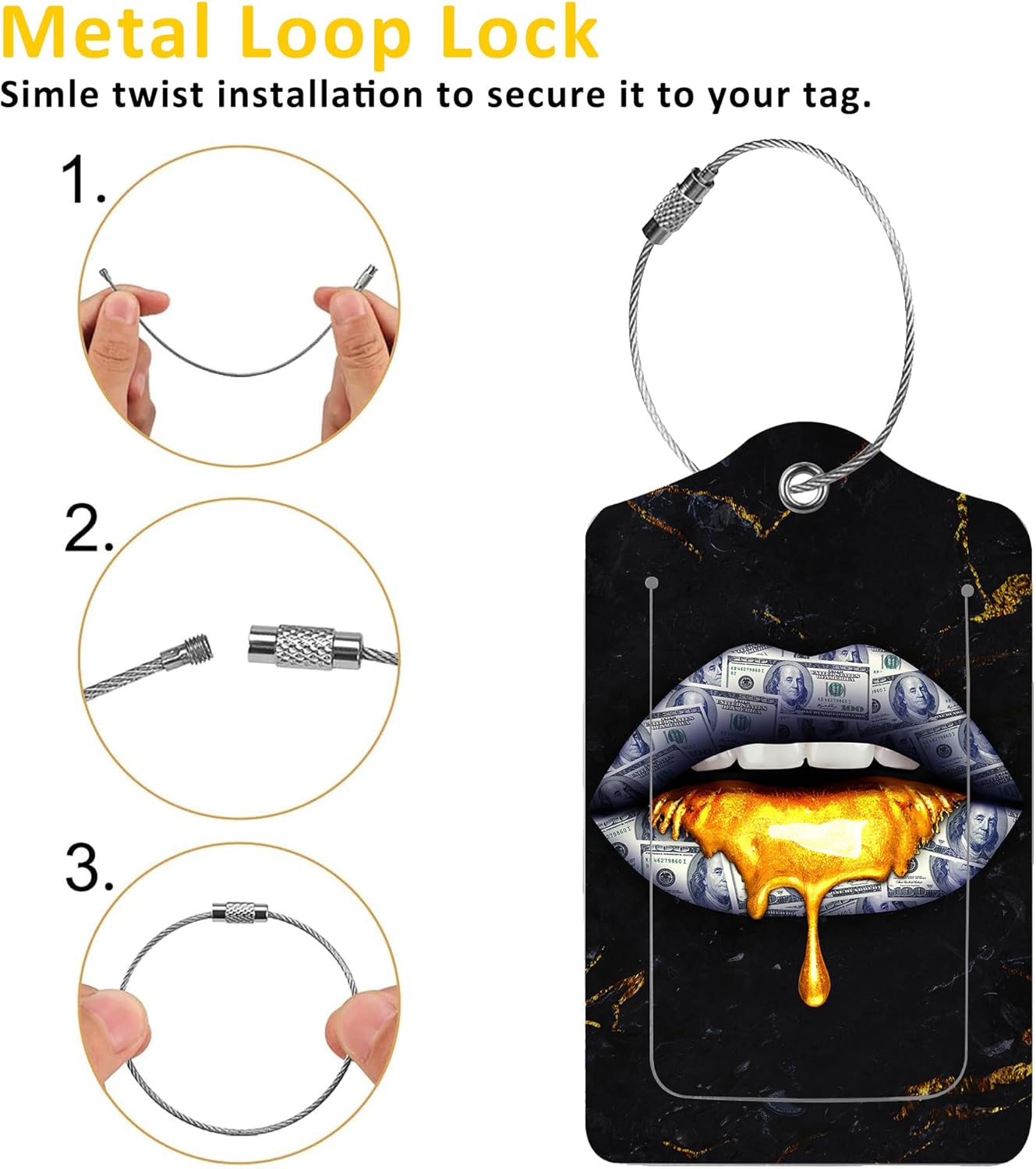2 Pack Luggage Tags for Suitcases,Gold Lip Luggage Tag,PU Leather Id Label Luggage Tags with Stainless Steel Loop and Privacy Cover for Women Men Teens Travel