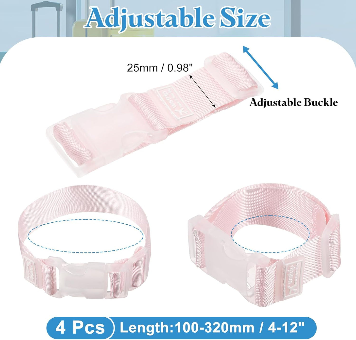 uxcell 4Pcs Add A Bag Luggage Strap, 4-12 Inch Adjustable Suitcase Belt Travel Accessories, Luggage Connector for Carry-on Baggage, Pink