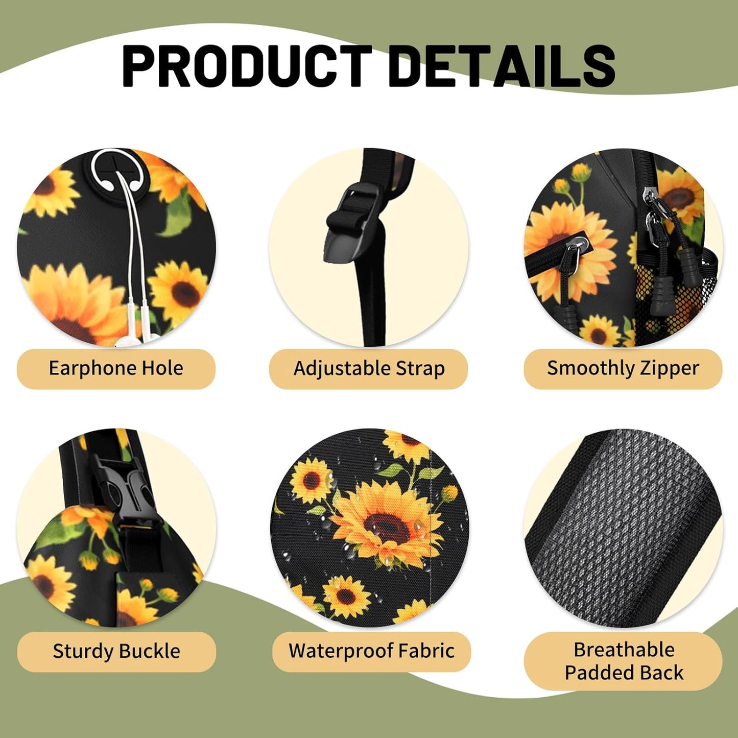 Black Yellow Sunflower Sling Bag Crossbody Chest Bag for Women Men, Water Resistant Lightweight