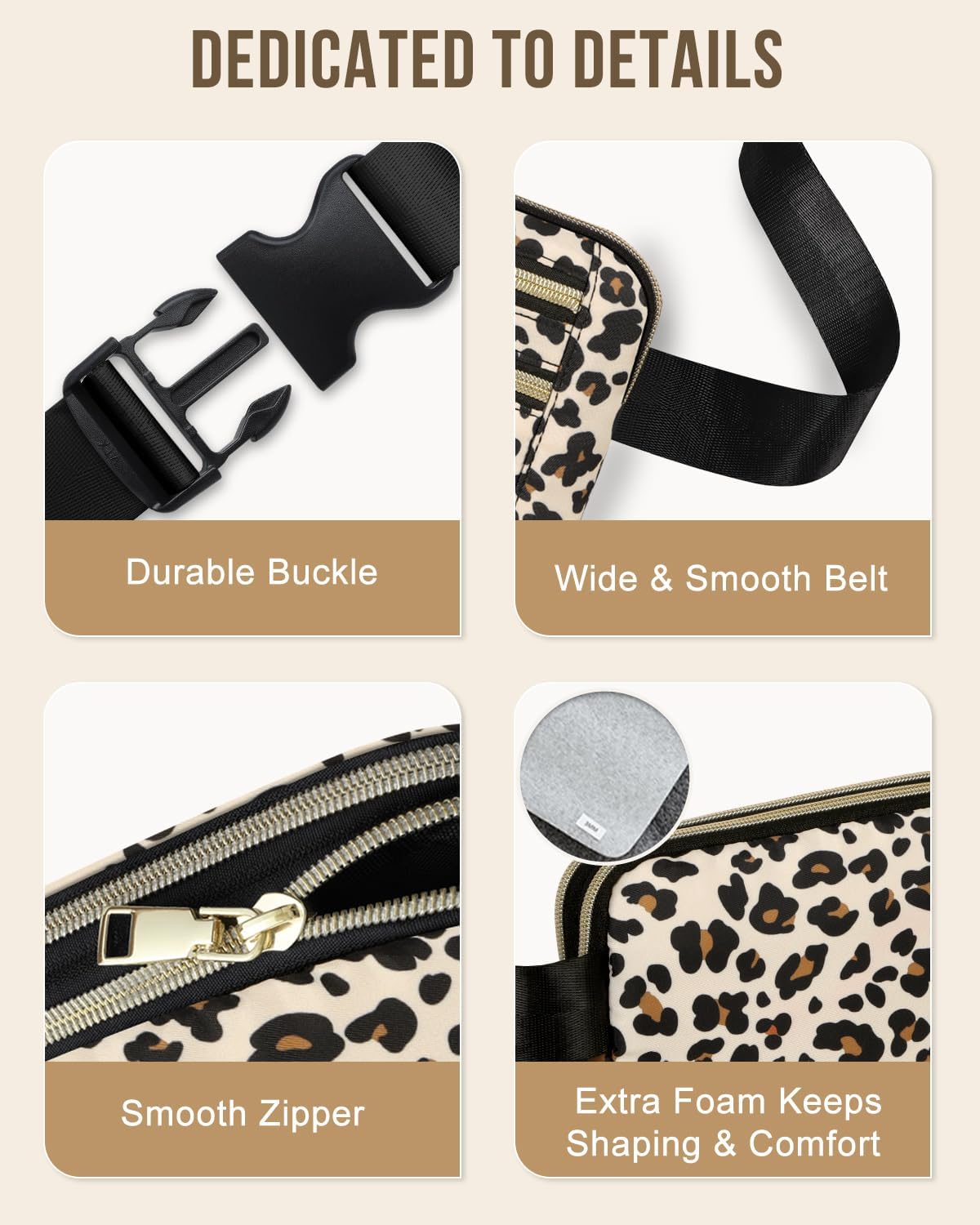 Capolo Fanny Packs for Women Fashion Waist Packs Bag with Adjustable Strap and 4 Zipper Pockets Waterproof Everywhere Crossbody Belt Bag for Workout Running Travelling(Leopard, Large)