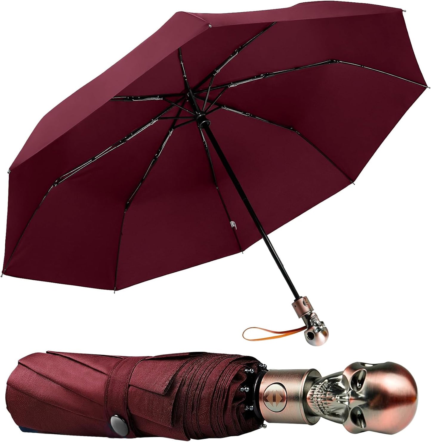 Lejorain Mens Black Skull Umbrella - Automatic Luxury Travel Windproof Umbrella Compact - Portable Strong Lightweight Rain Umbrella for Adults