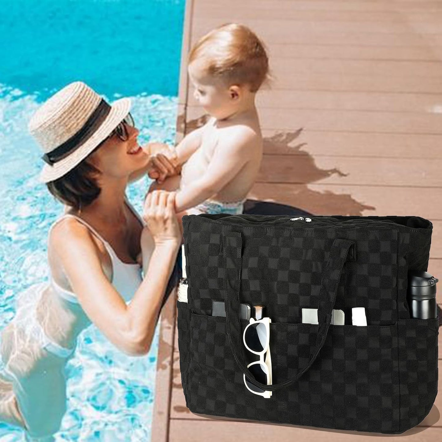 LEDAOU Large Beach Tote Bag Women Waterproof Sandproof Zipper Beach Tote Bag for Pool Gym Grocery