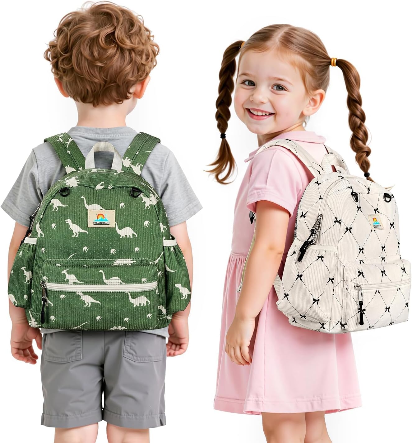 STEAMEDBUN Corduroy Toddler Backpack for Girls 2-4: Kids backpack for Boys Girls - 12 inch Preschool Kindergarten Backpacks - Bow