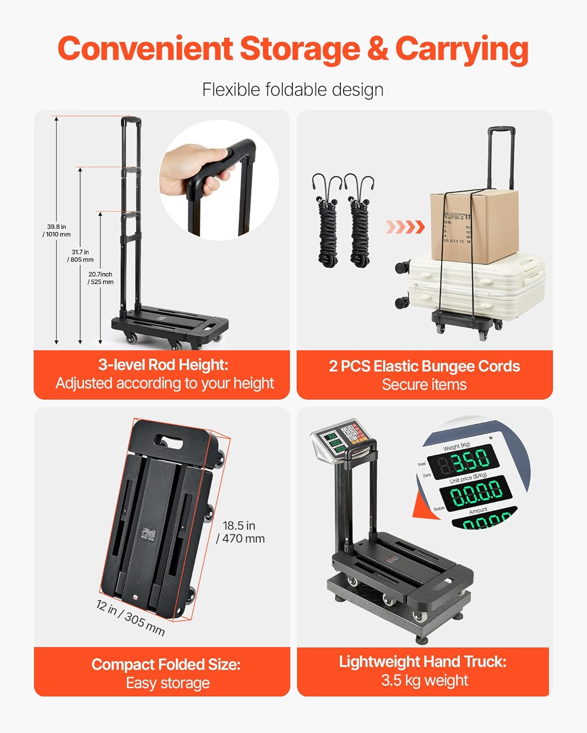 VEVOR Folding Hand Truck, 500 lbs Load Capacity, Collapsible Luggage Cart with 6 Wheels, 2 Elastic Ropes & Expandable Base, Utility Dolly Platform Cart for Airport Travel Luggage Office Moving, Black
