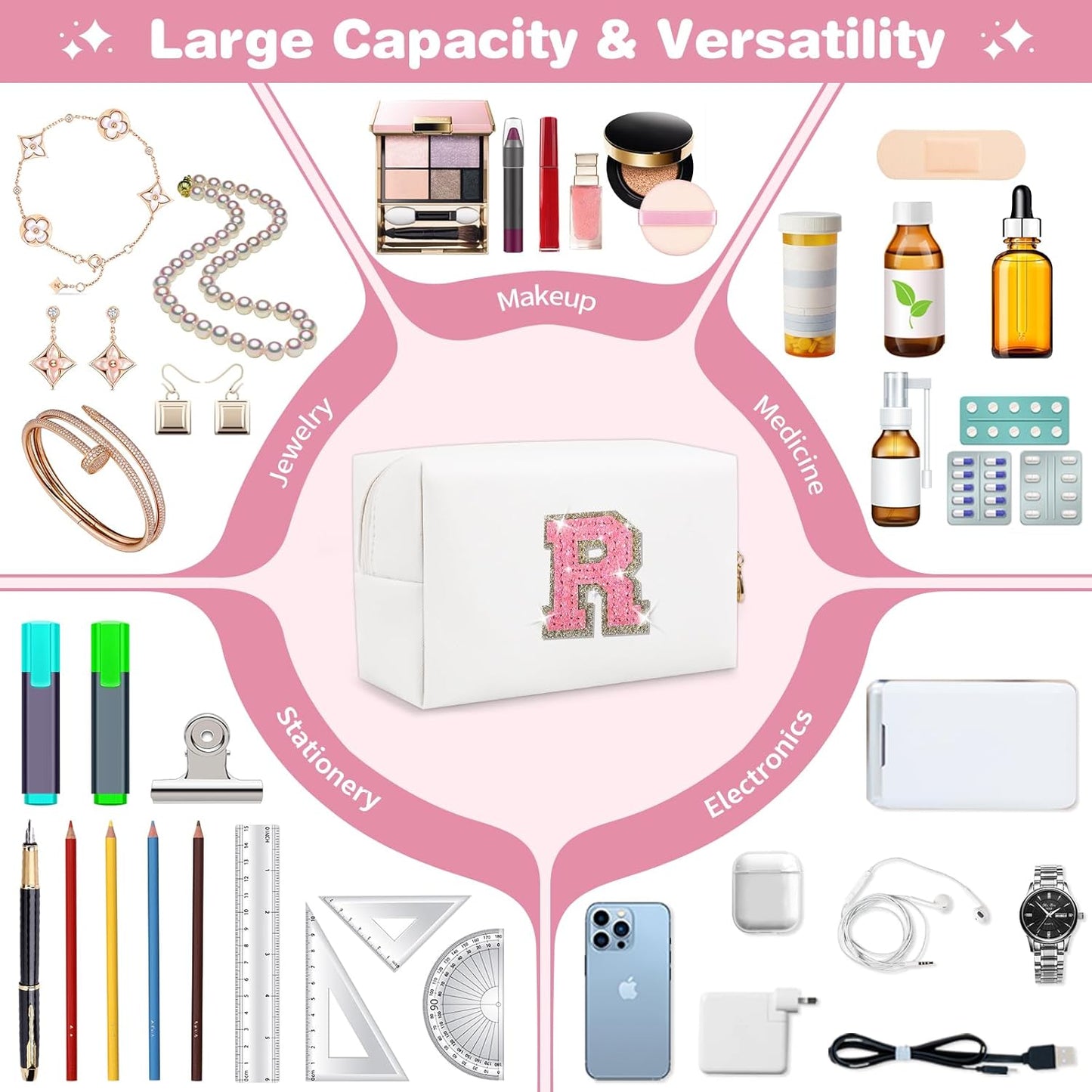 Small Initial Patch Makeup Bag Personalized Gifts Make Up Bag,White Cute PU Leather Glitter Letter Cosmetic Bag with Zipper,Trendy Portable Travel Toiletry Pouch,Preppy Stuff for Teen Girls Women R