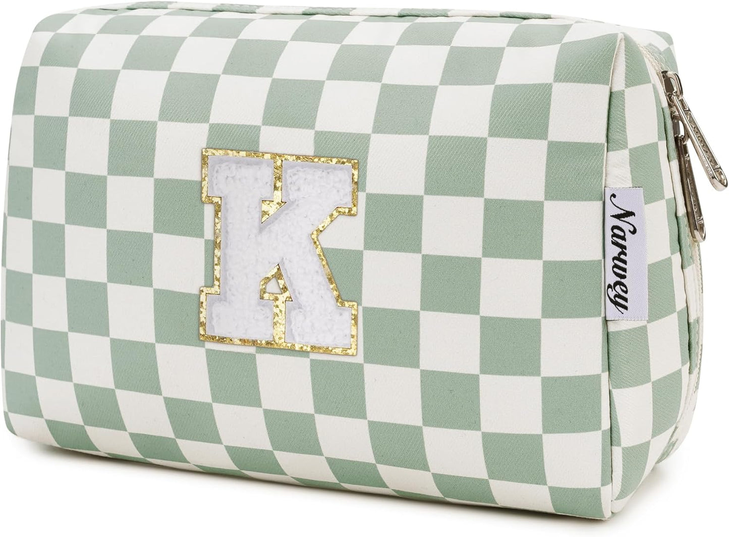 Narwey Birthday Gifts for Teen Girls Women Personalized Initial Checkered Makeup Bag Preppy Cosmetic Bag Trendy Stuff 6 8 10 11 12 13 14 16 18 Years Old Travel Toiletry Bag (Green Letter K)