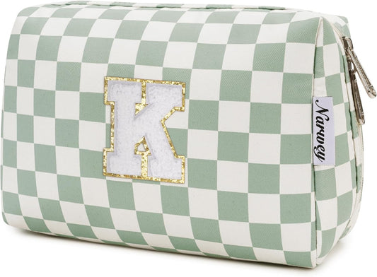 Narwey Birthday Gifts for Teen Girls Women Personalized Initial Checkered Makeup Bag Preppy Cosmetic Bag Trendy Stuff 6 8 10 11 12 13 14 16 18 Years Old Travel Toiletry Bag (Green Letter K)