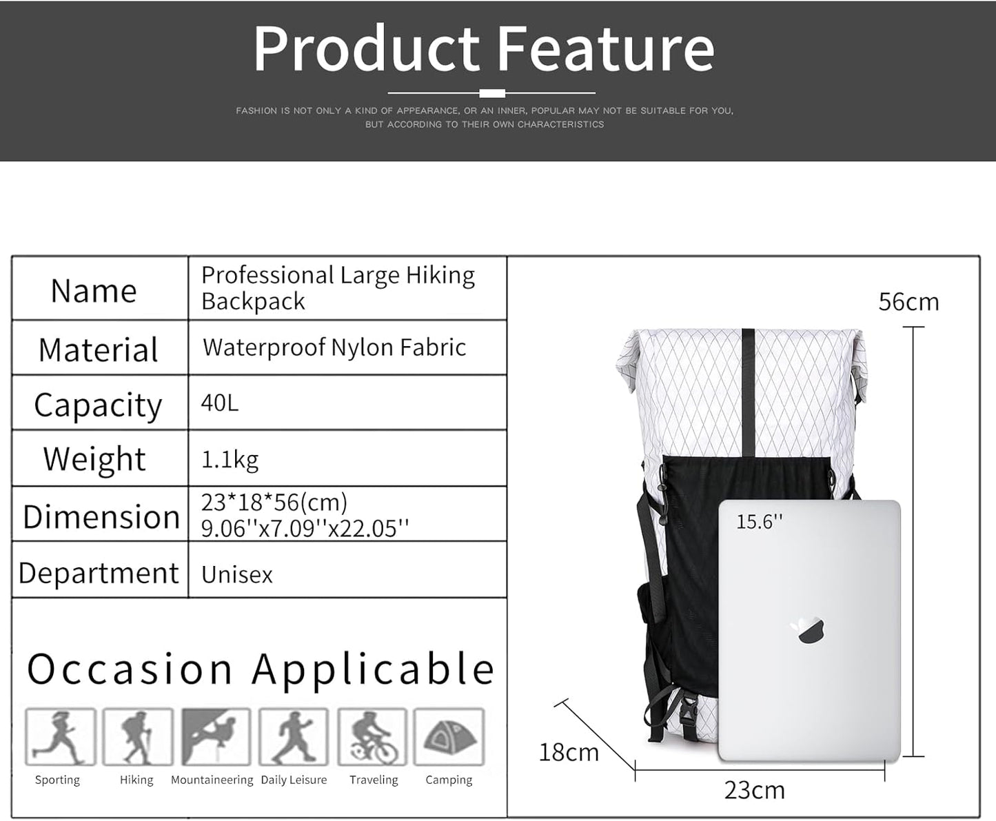 Hiking Backpack,40L Extra Large Capacity Hiking Bag,Internal Frame Camping Backpack,Upgraded X-PAC Lightweight Sport Daypack Travel Backpacks Fit For Mountain Climbing Camping (White)