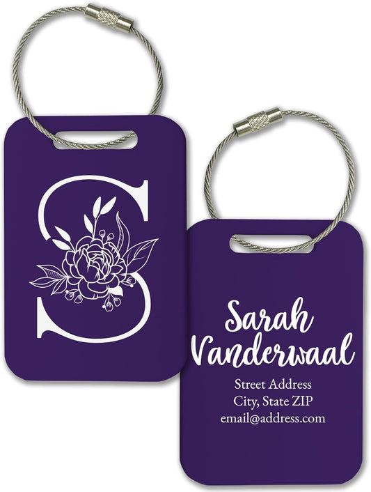 Personalized Monogram Name Tag for Luggage (3 or 6 Count Pack) | Custom Tag for Suitcase | Acrylic Name Tag for Travel | Choose Your Font & Color | Backpack ID Label (Monogram, Purple)