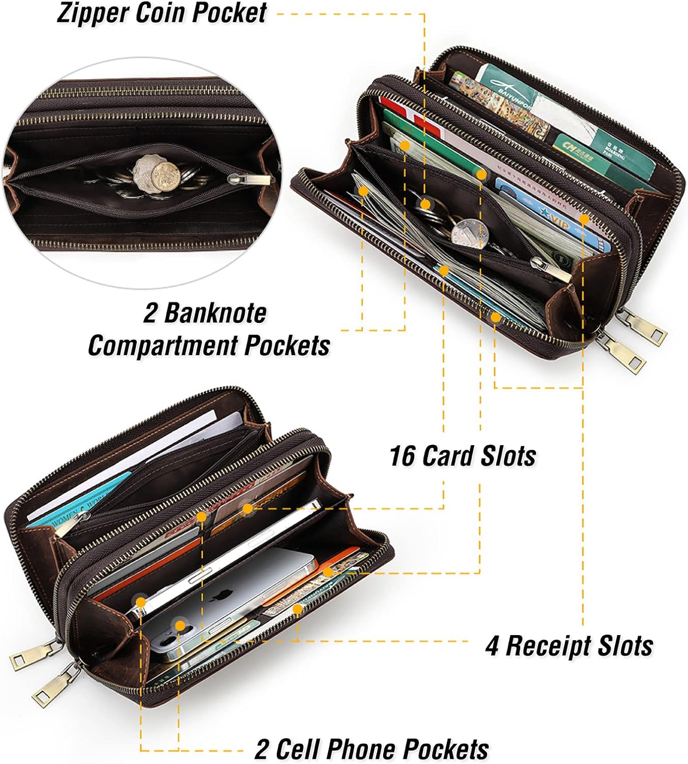Top Grain Genuine Leather Handheld Purse Wallet for Man & Woman, Classic Vintage Design, Fully