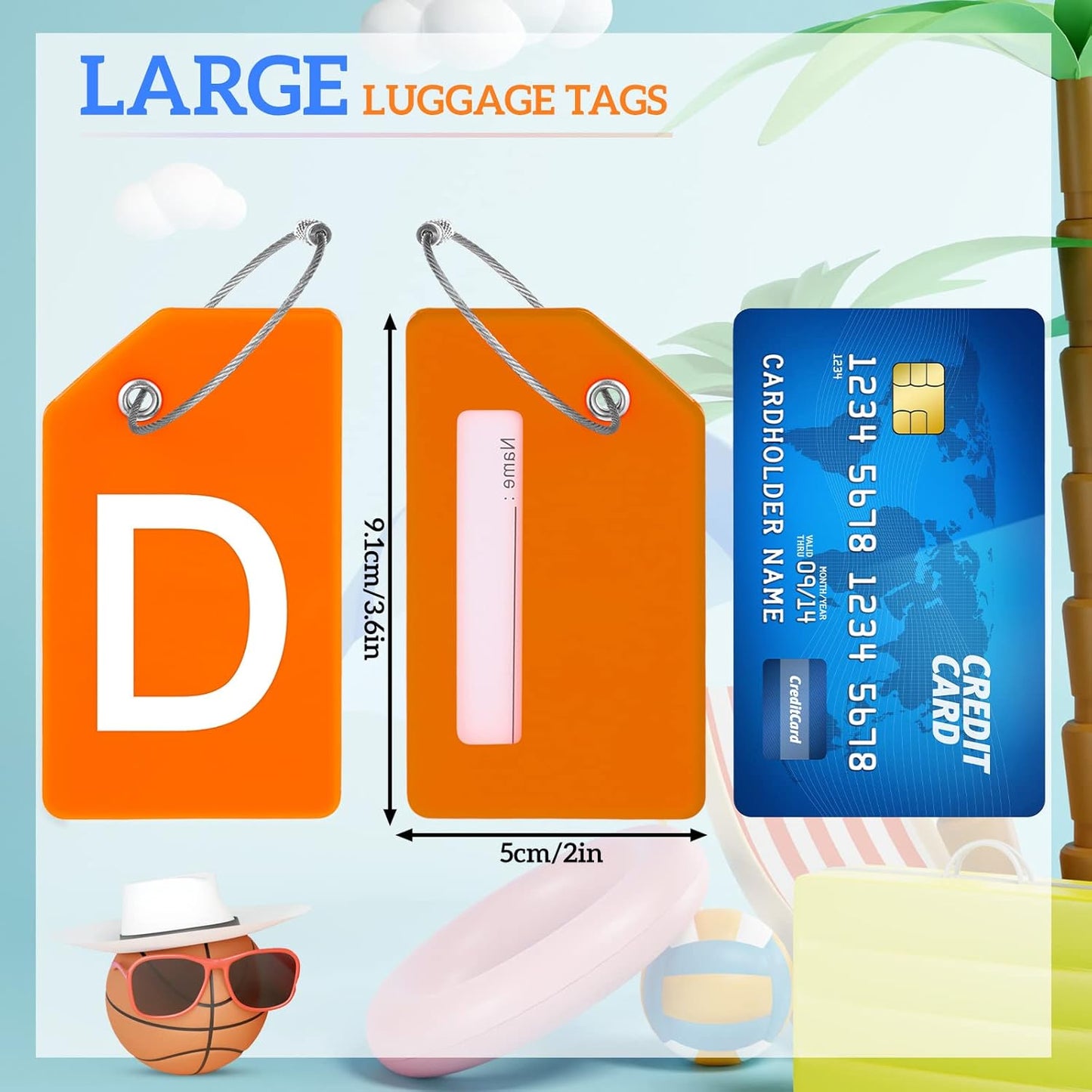8 Pcs Initial Letter A-Z Luggage Tags Silicone Suitcase Instrument Tag with Name Card and Stainless Steel Loop(Letter D,Orange)