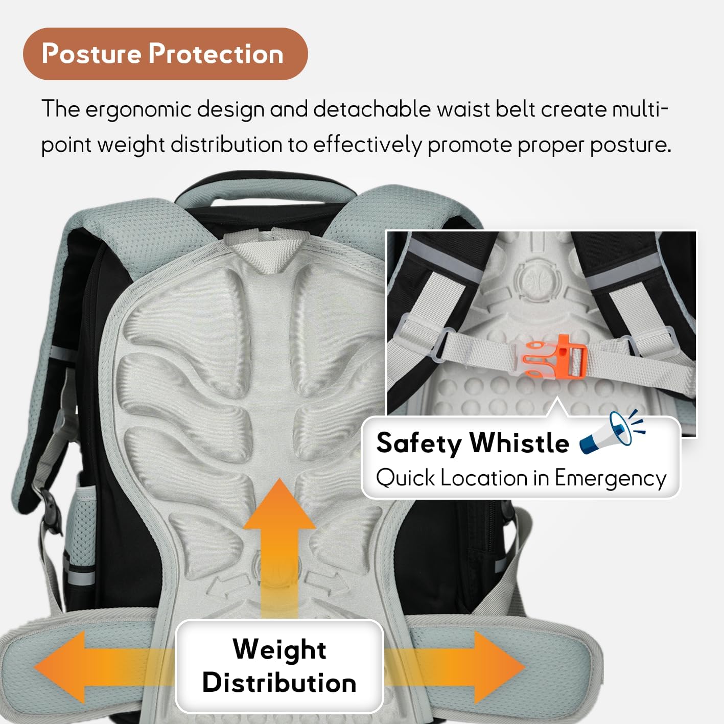 Kids Backpack for Kids, Lightweight Waterproof Black White Backpack for School, Kindergarten Elementary School Students Boys & Girls Backpack with Safety Whistle and Includes a Detachable Waist Belt