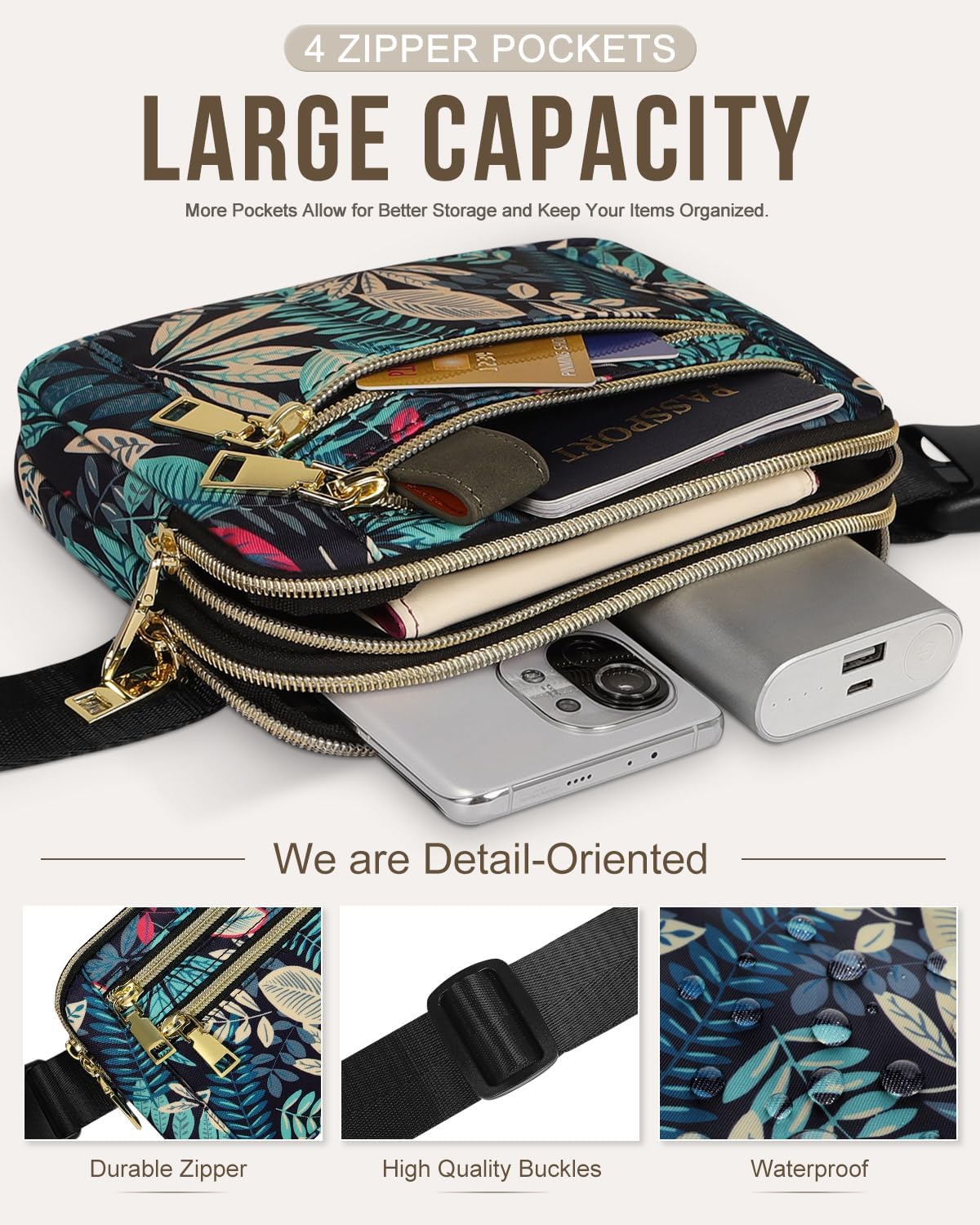Capolo Fanny Packs for Women Fashion Waist Packs Bag with Adjustable Strap and 4 Zipper Pockets Waterproof Everywhere Crossbody Belt Bag for Workout Running Travelling(Blue Leaves, Large)